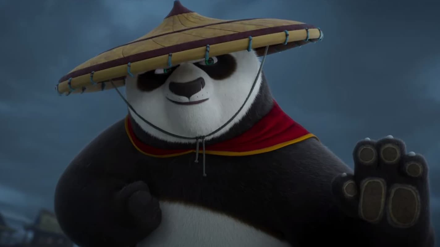 Po en garde, coiffé d’un chapeau de paille, dans Kung Fu Panda 4