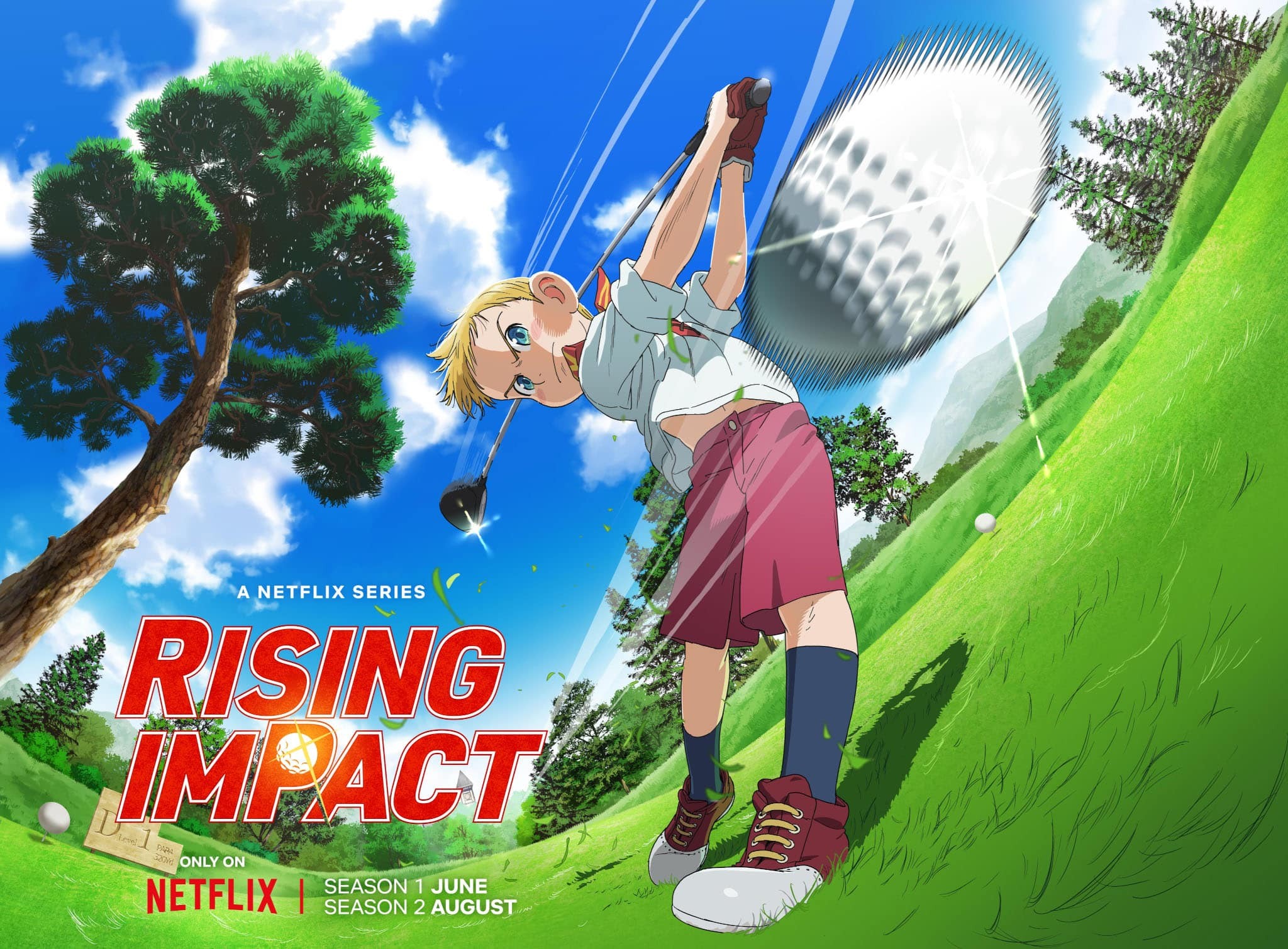 Affiche Netflix de Rising Impact&nbsp;: Gawain frappe une balle de golf, saison 1 en juin et saison 2 en août