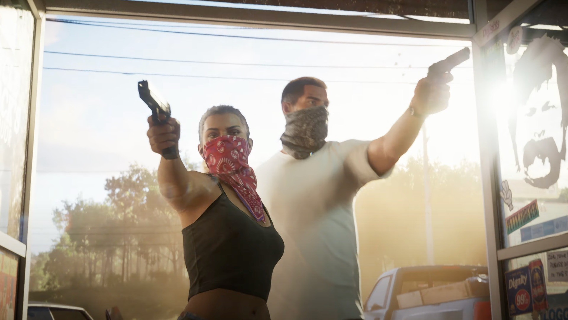 Lucia et Jason, visages masqués par des bandanas, braquent un magasin arme au poing