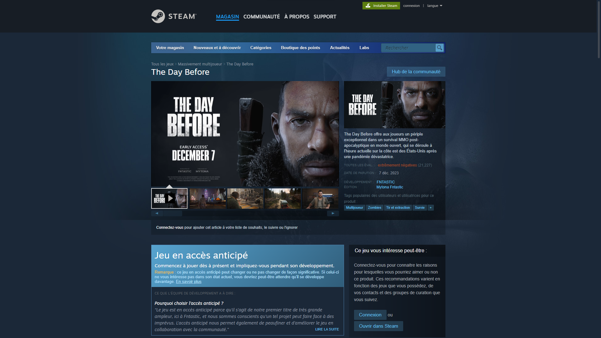 Page Steam de The Day Before avec des évaluations extrêmement négatives (21 227)