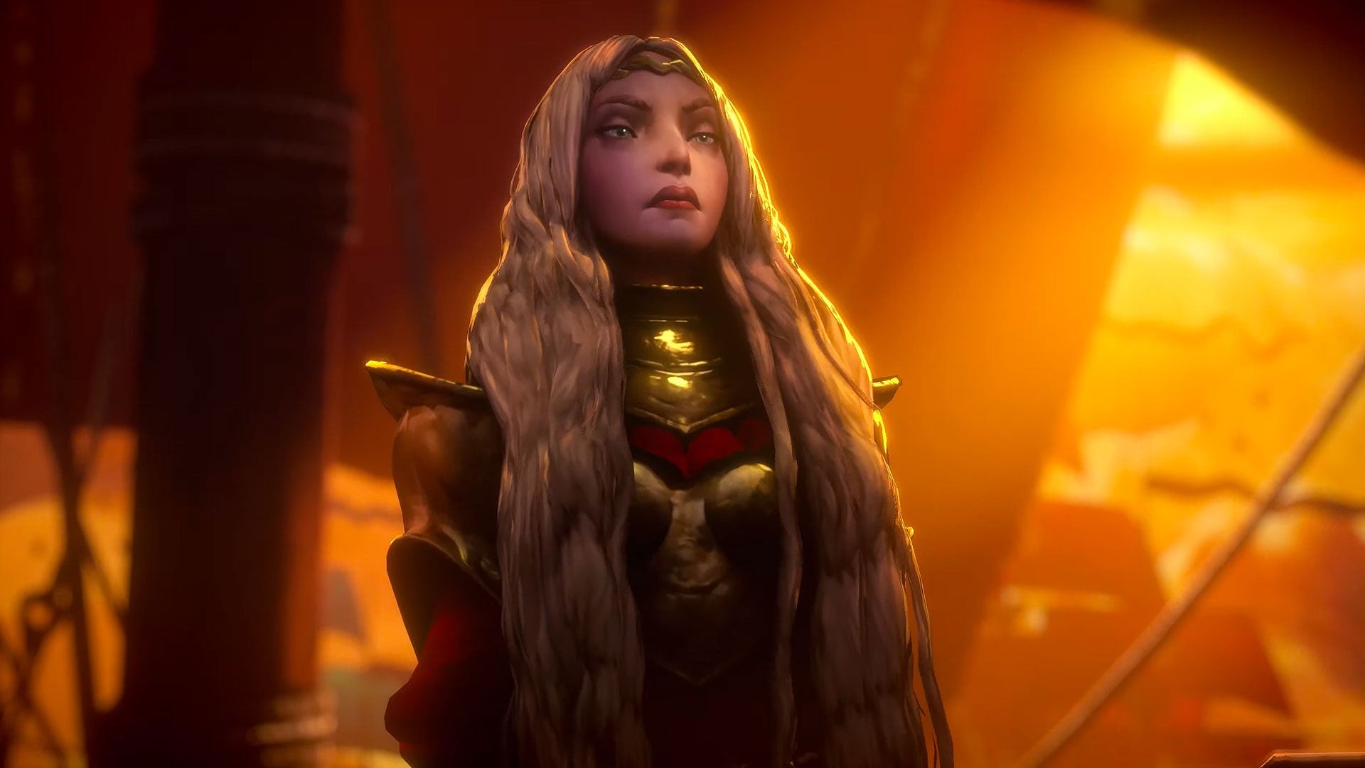 Personnage aux longs cheveux en armure dorée dans No Rest for the Wicked
