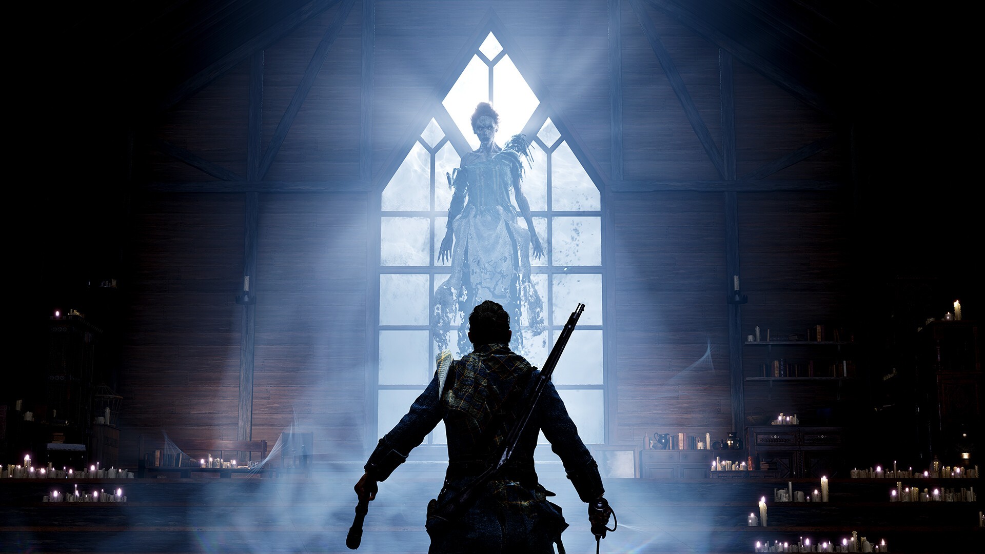 Un chasseur armé de dos face à un spectre féminin devant une fenêtre, dans Banishers&nbsp;: Ghosts of New Eden