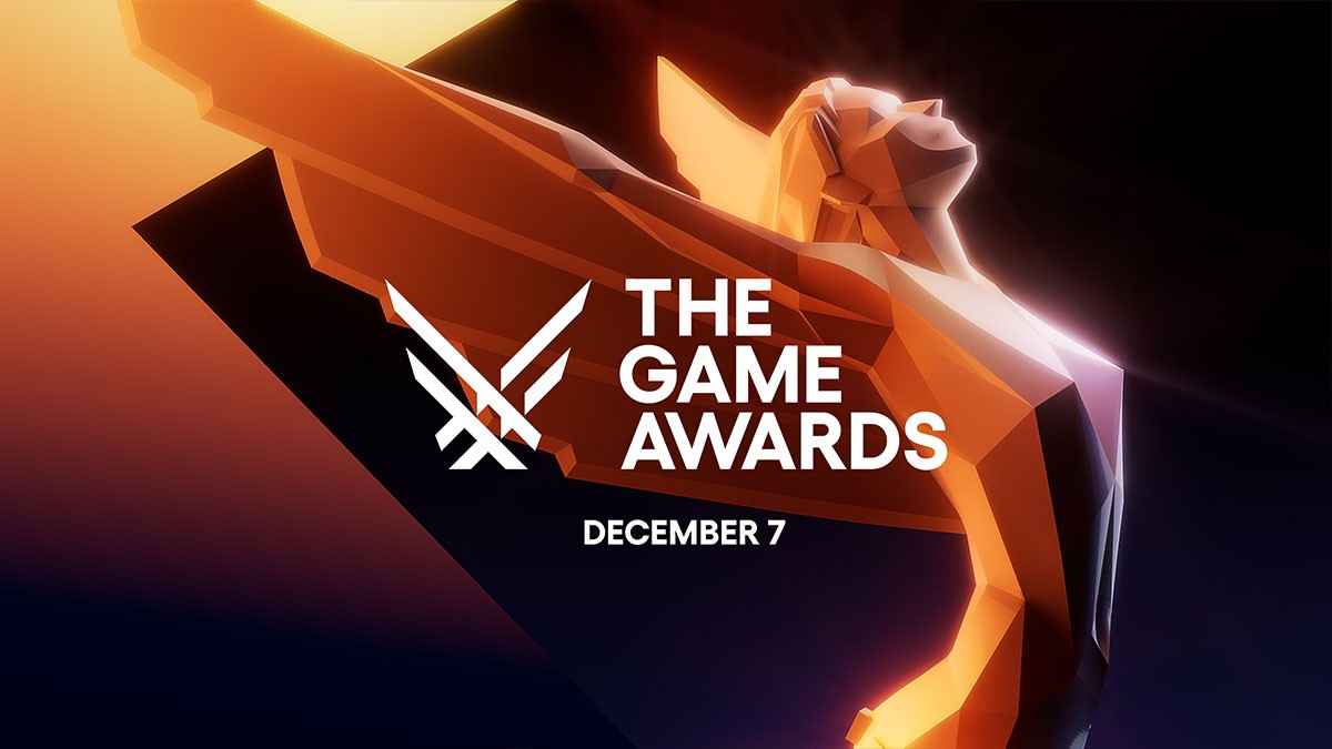 Affiche des Game Awards&nbsp;: logo blanc et statuette dorée, avec la date du 7 décembre