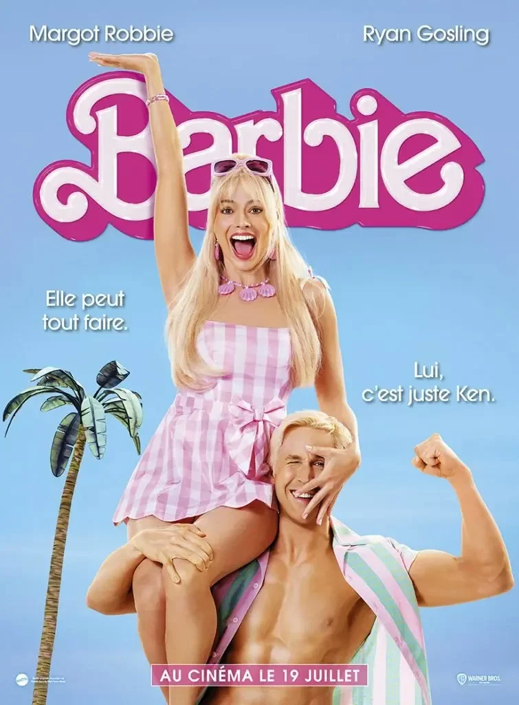 Affiche française de Barbie&nbsp;: Margot Robbie sur les épaules de Ryan Gosling en Ken
