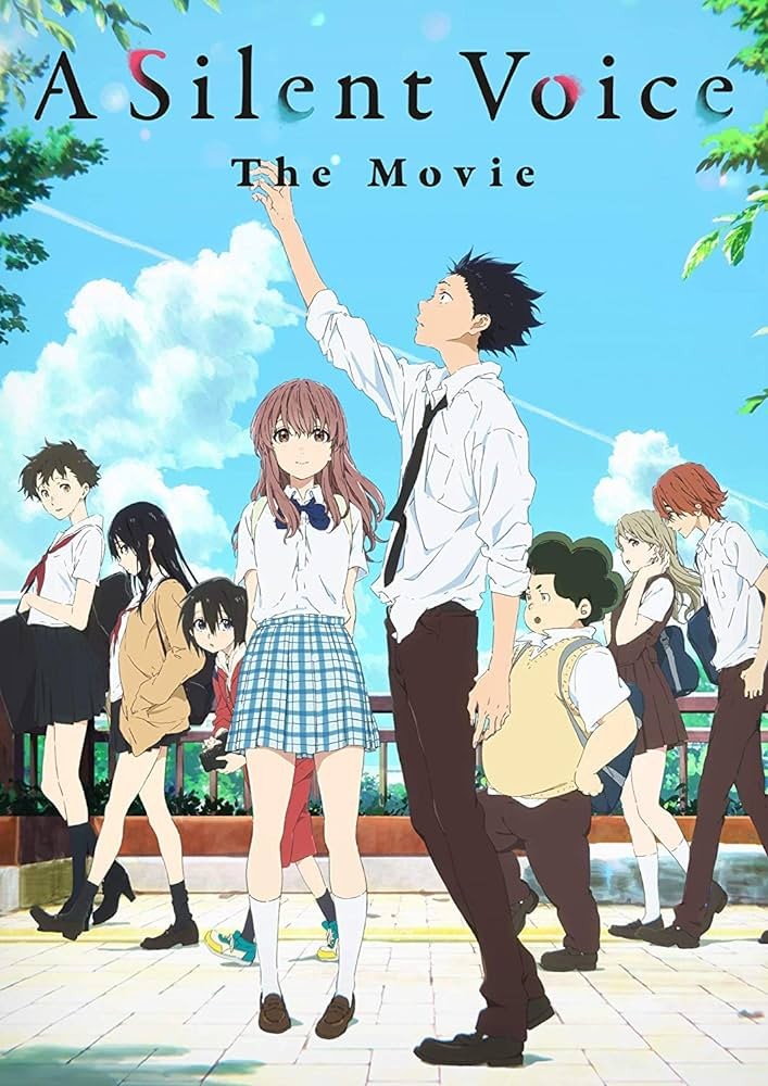 Affiche du film A Silent Voice&nbsp;: Shoko et Shoya entourés de leurs camarades de lycée