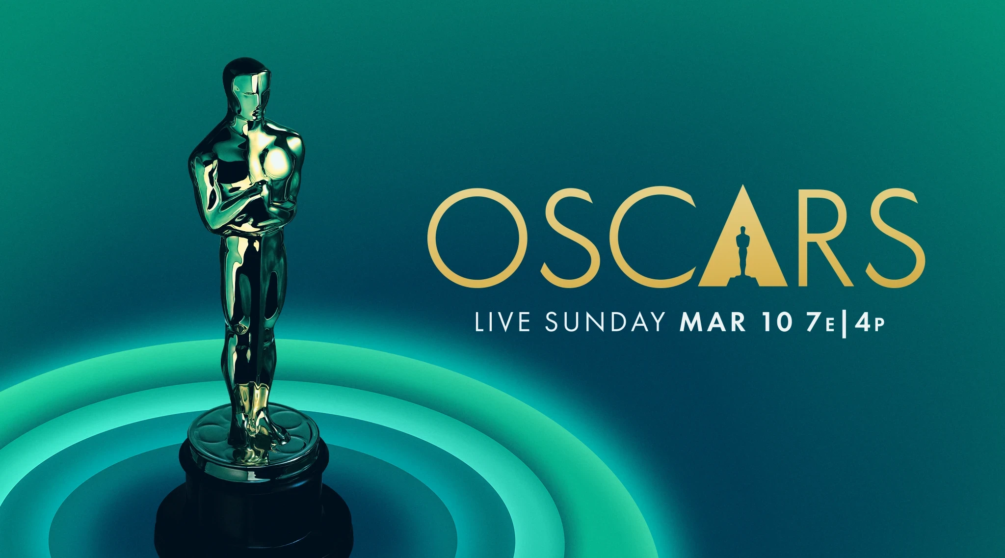 Visuel officiel des Oscars&nbsp;: statuette dorée et mention «&nbsp;Live Sunday Mar 10&nbsp;»