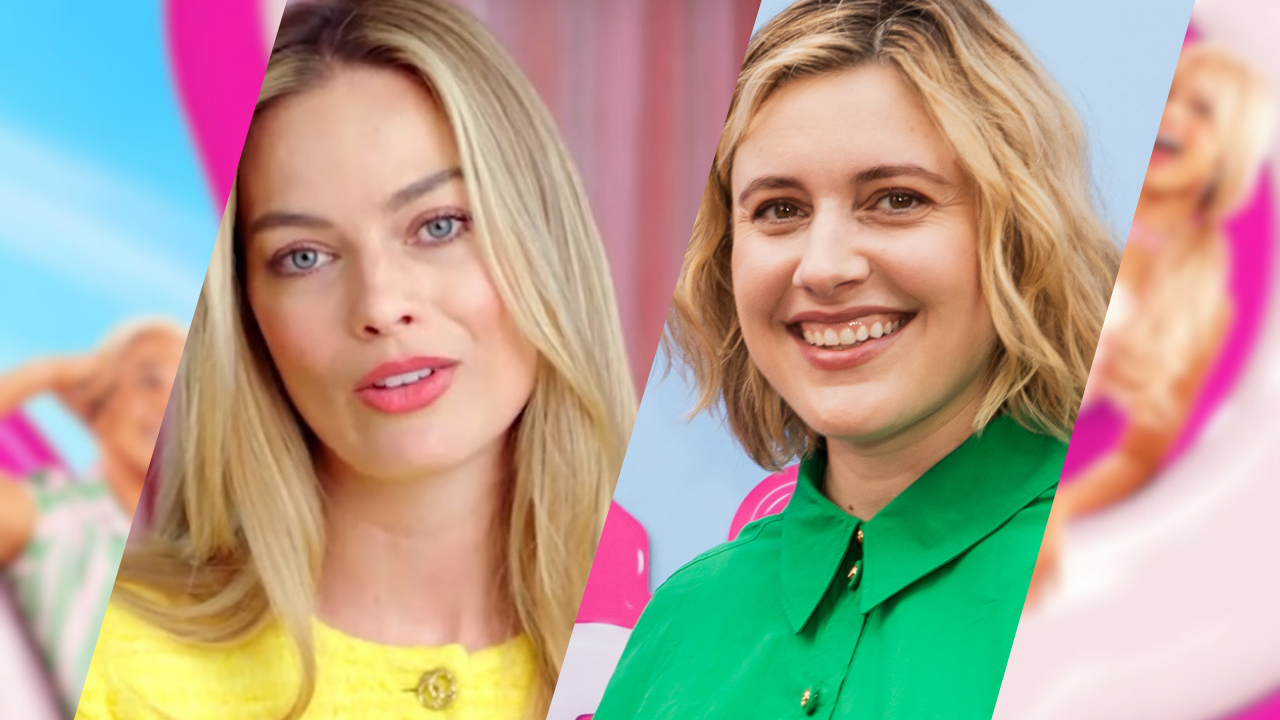 Montage de Margot Robbie et Greta Gerwig sur un fond rose aux couleurs de Barbie