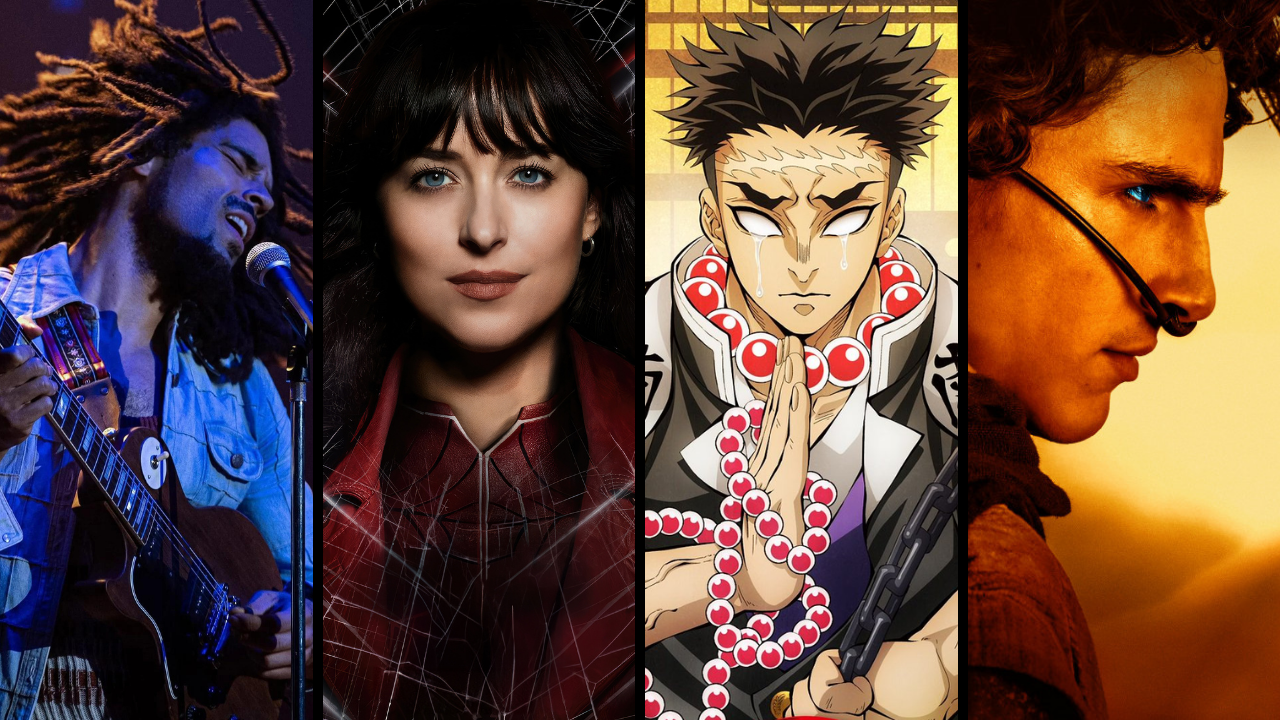 Montage de quatre visuels&nbsp;: Bob Marley au micro, Madame Web, le pilier Gyomei de Demon Slayer et Paul Atreides de Dune