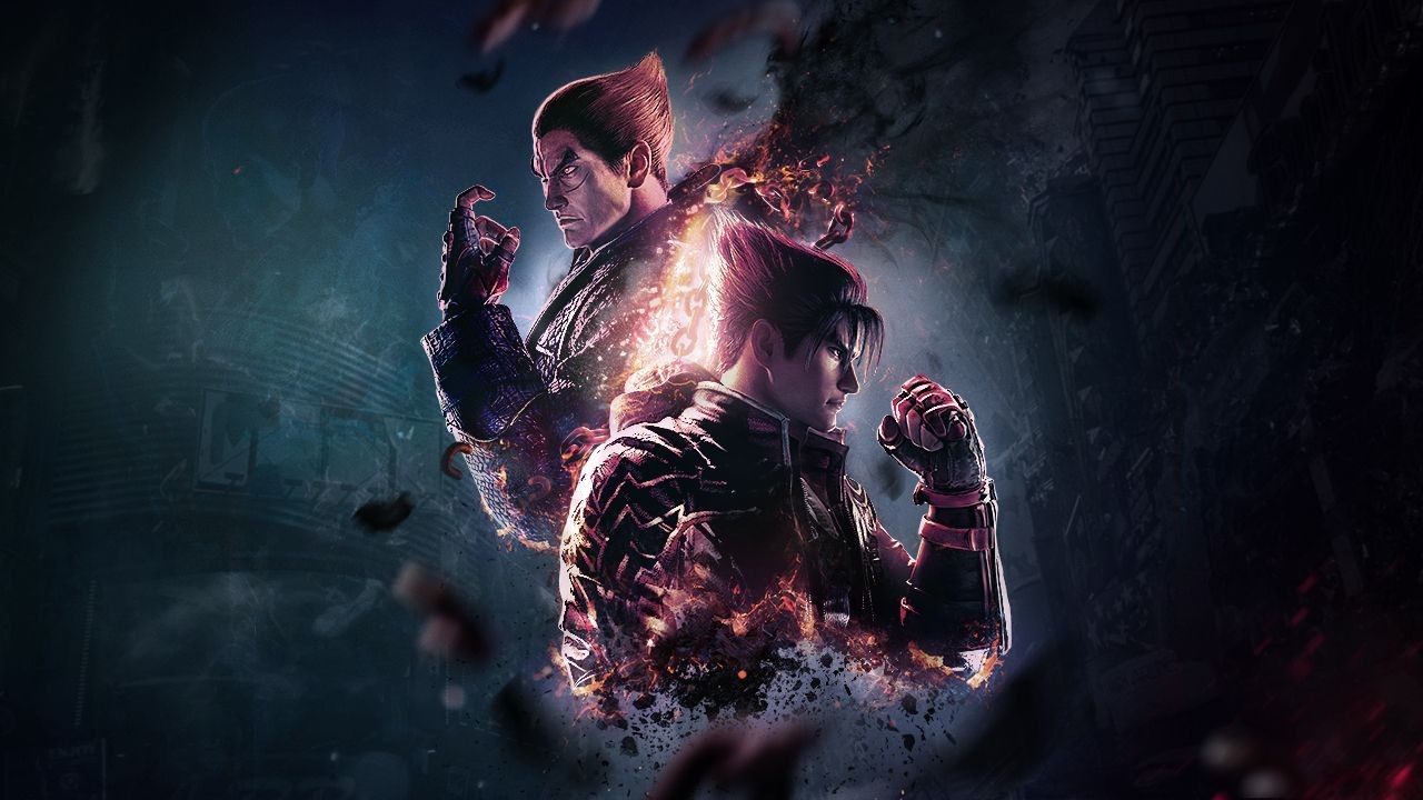 Kazuya et Jin Mishima, poings serrés, sur fond sombre embrasé