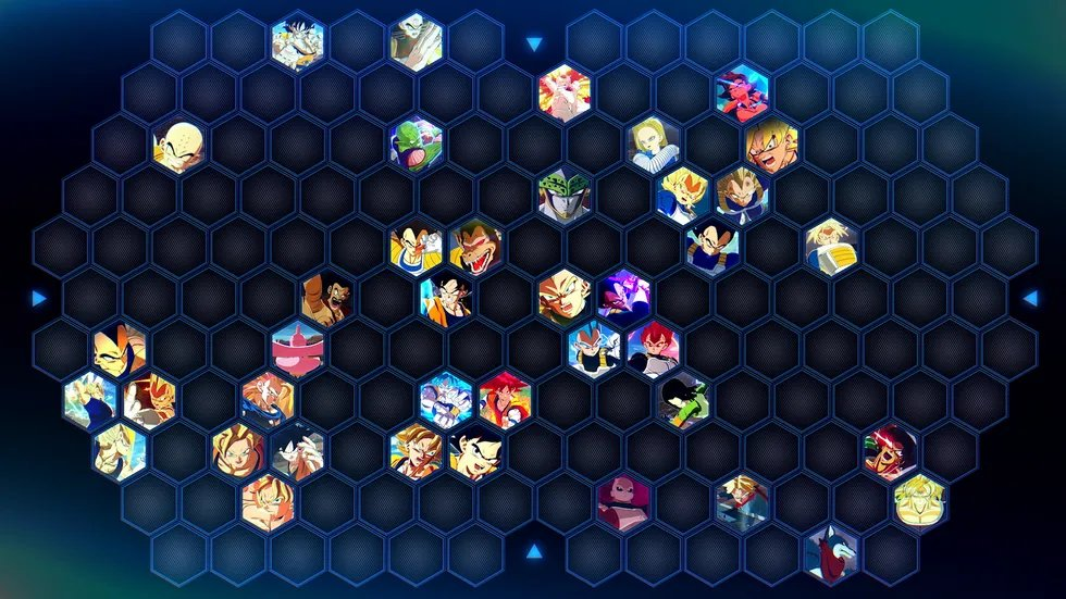 Écran de sélection de Sparking! ZERO&nbsp;: grille hexagonale de portraits de personnages