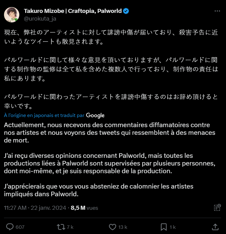 Post X de Takuro Mizobe, PDG de Pocketpair, dénonçant les attaques contre les artistes de Palworld