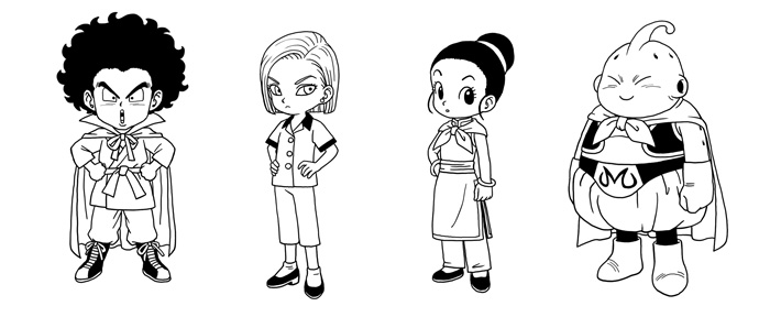 Dessins de Mister Satan, C-18, Chichi et Majin Boo en version enfant pour Dragon Ball Daima