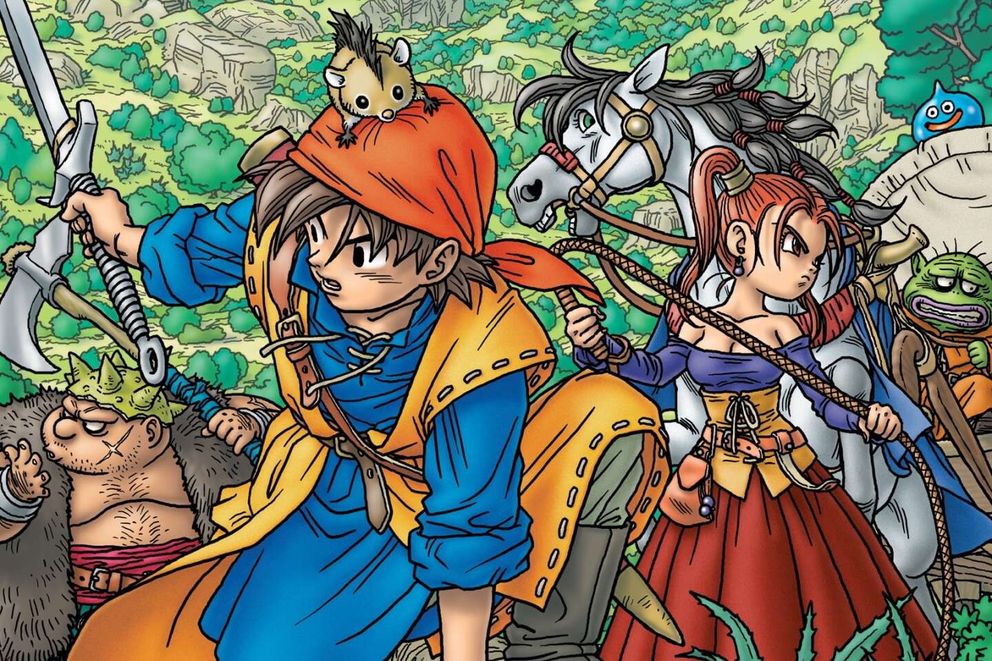 Illustration de Dragon Quest VIII&nbsp;: le héros en bandana orange, Jessica, Yangus et le roi Trode