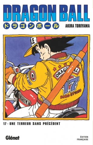 Couverture française du tome 17 de Dragon Ball&nbsp;: Goku de dos, sur une moto