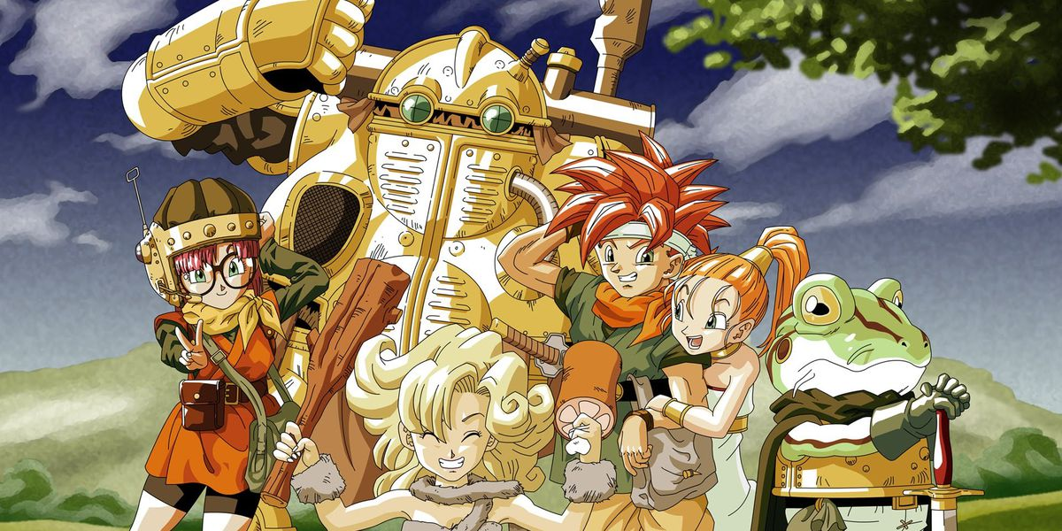 Illustration de Chrono Trigger&nbsp;: Crono, Marle, Lucca, Ayla et Frog devant le robot Robo