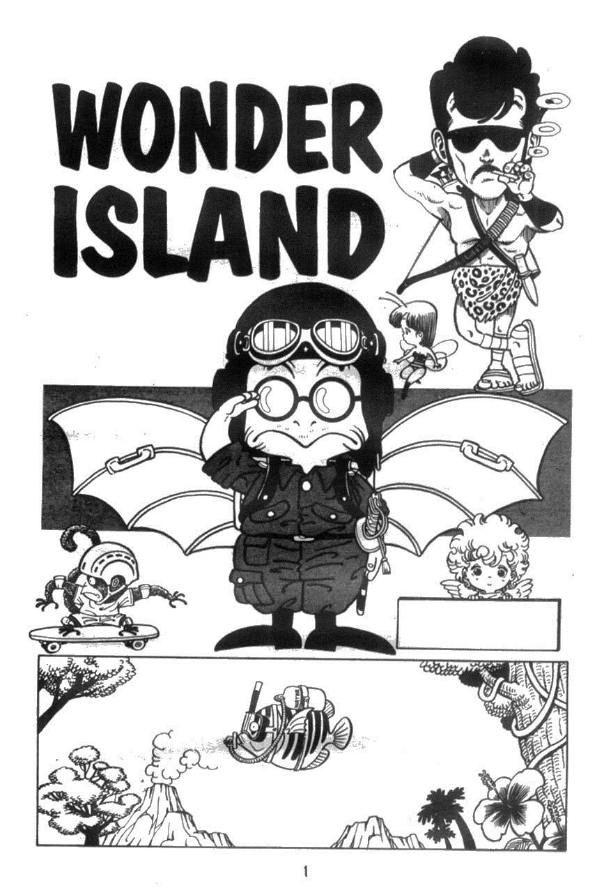 Page titre en noir et blanc de Wonder Island&nbsp;: un pilote à lunettes muni d’ailes, entouré de personnages loufoques