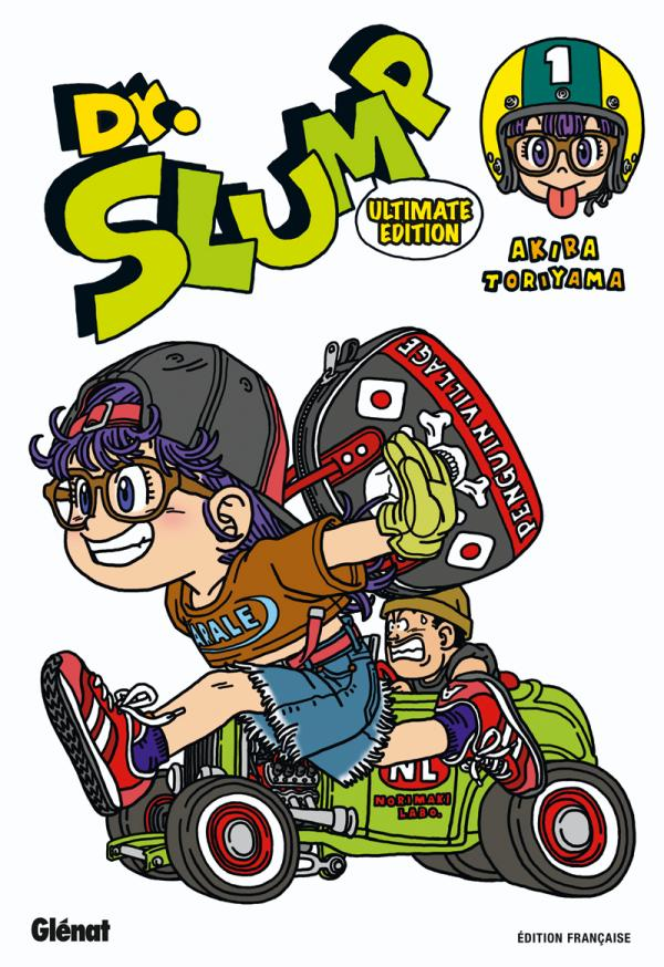 Couverture française du tome 1 de Dr. Slump Ultimate Edition chez Glénat&nbsp;: Aralé court devant une voiture