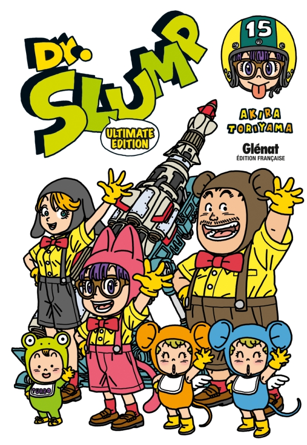 Couverture française du tome 15 de Dr. Slump Ultimate Edition&nbsp;: Aralé et sa famille déguisés devant une fusée