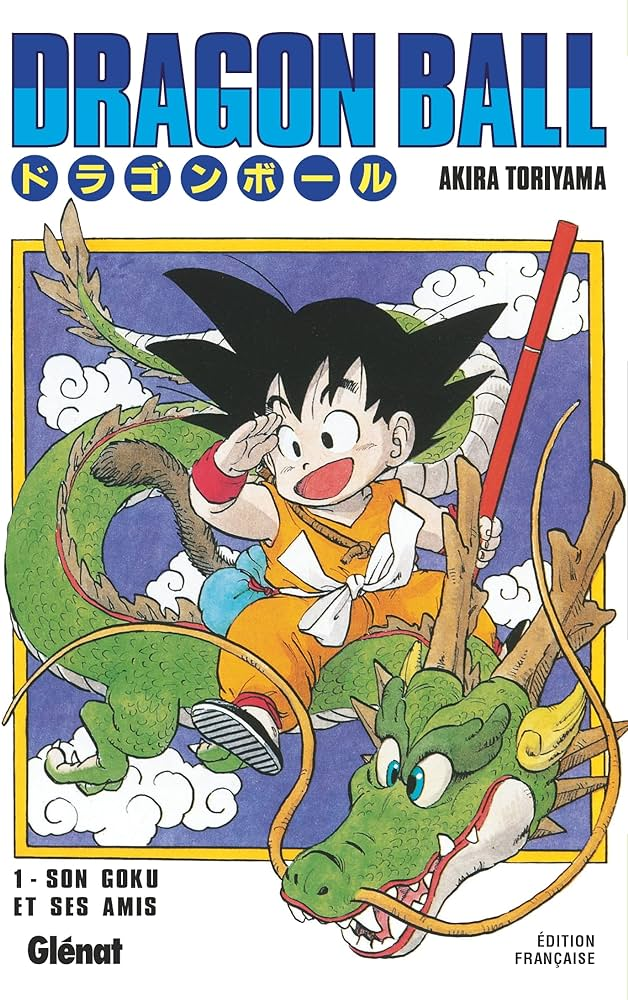Couverture française du tome 1 de Dragon Ball chez Glénat&nbsp;: Goku enfant sur le dragon Shenron
