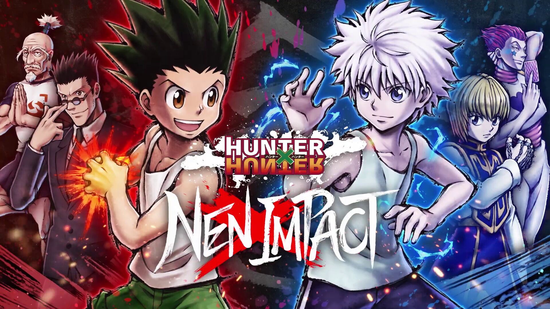 Gon et Killua au centre du visuel de Nen x Impact, entourés de Netero, Leorio, Kurapika et Hisoka