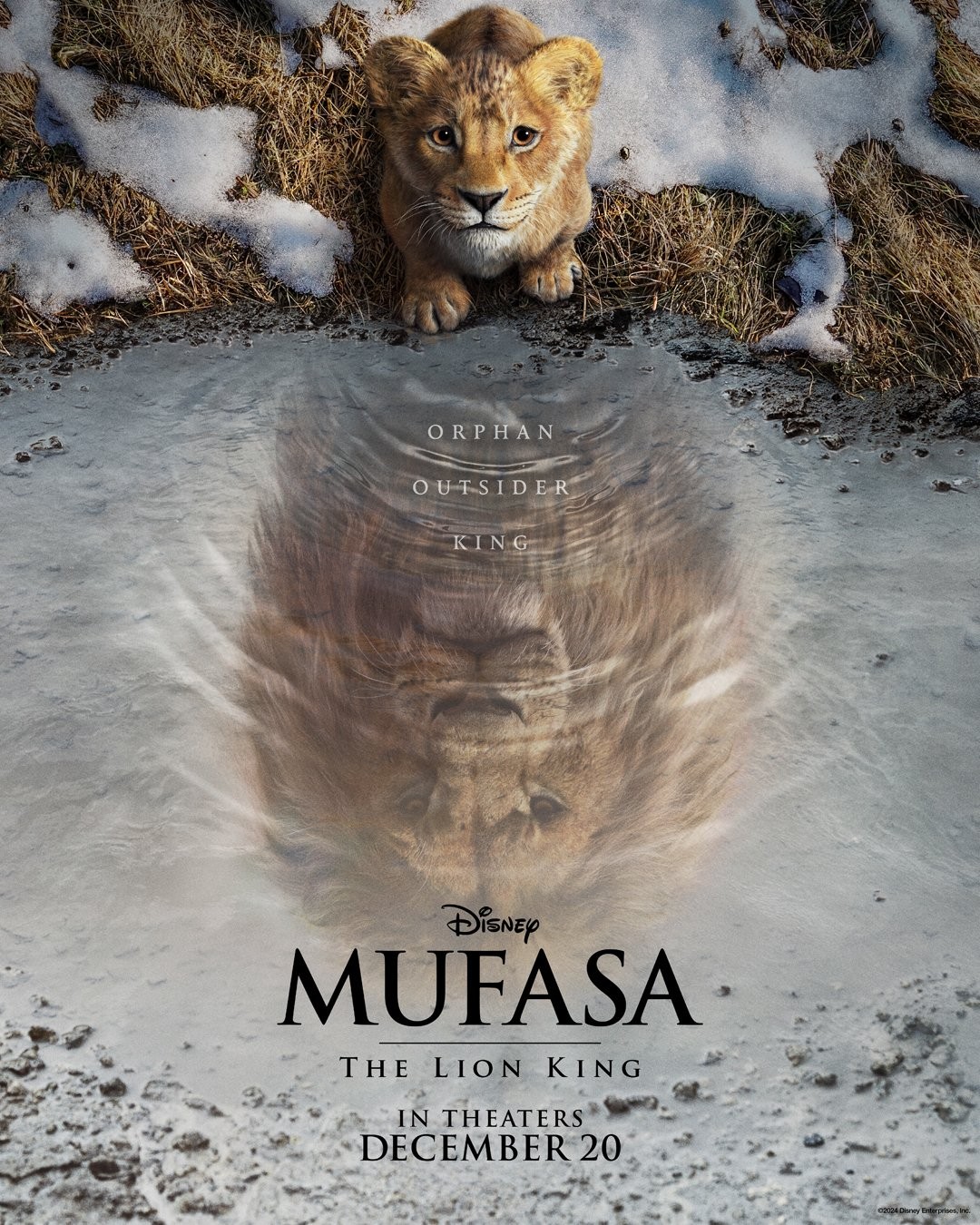 Affiche de Mufasa&nbsp;: Le Roi Lion, le lionceau se reflète en lion adulte dans une flaque