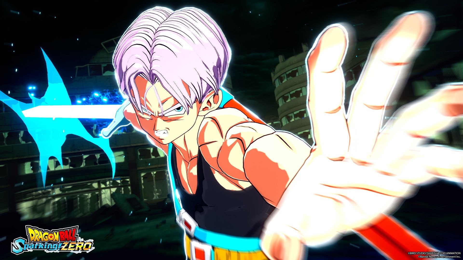 Trunks du futur, épée dans le dos, tend la main vers l’adversaire