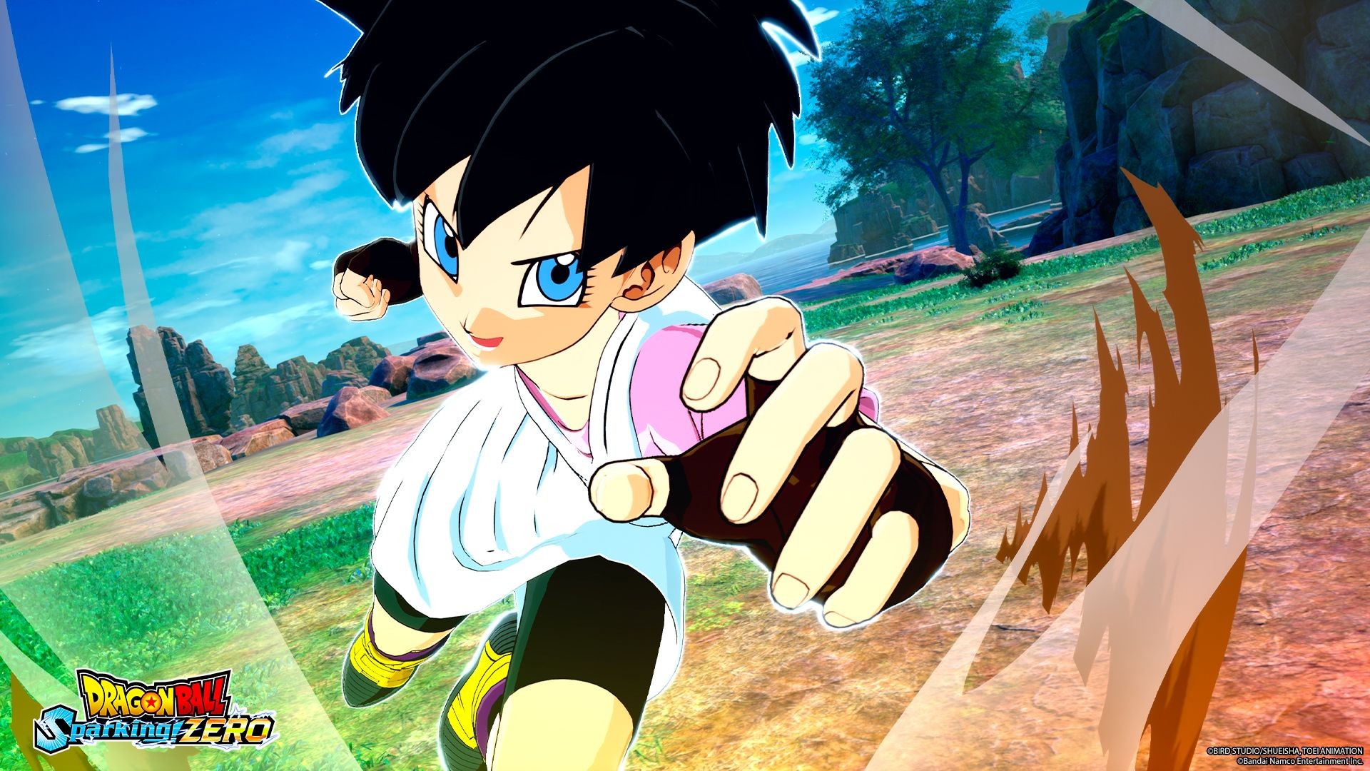 Videl, cheveux courts et gants noirs, lance un coup de poing dans une plaine