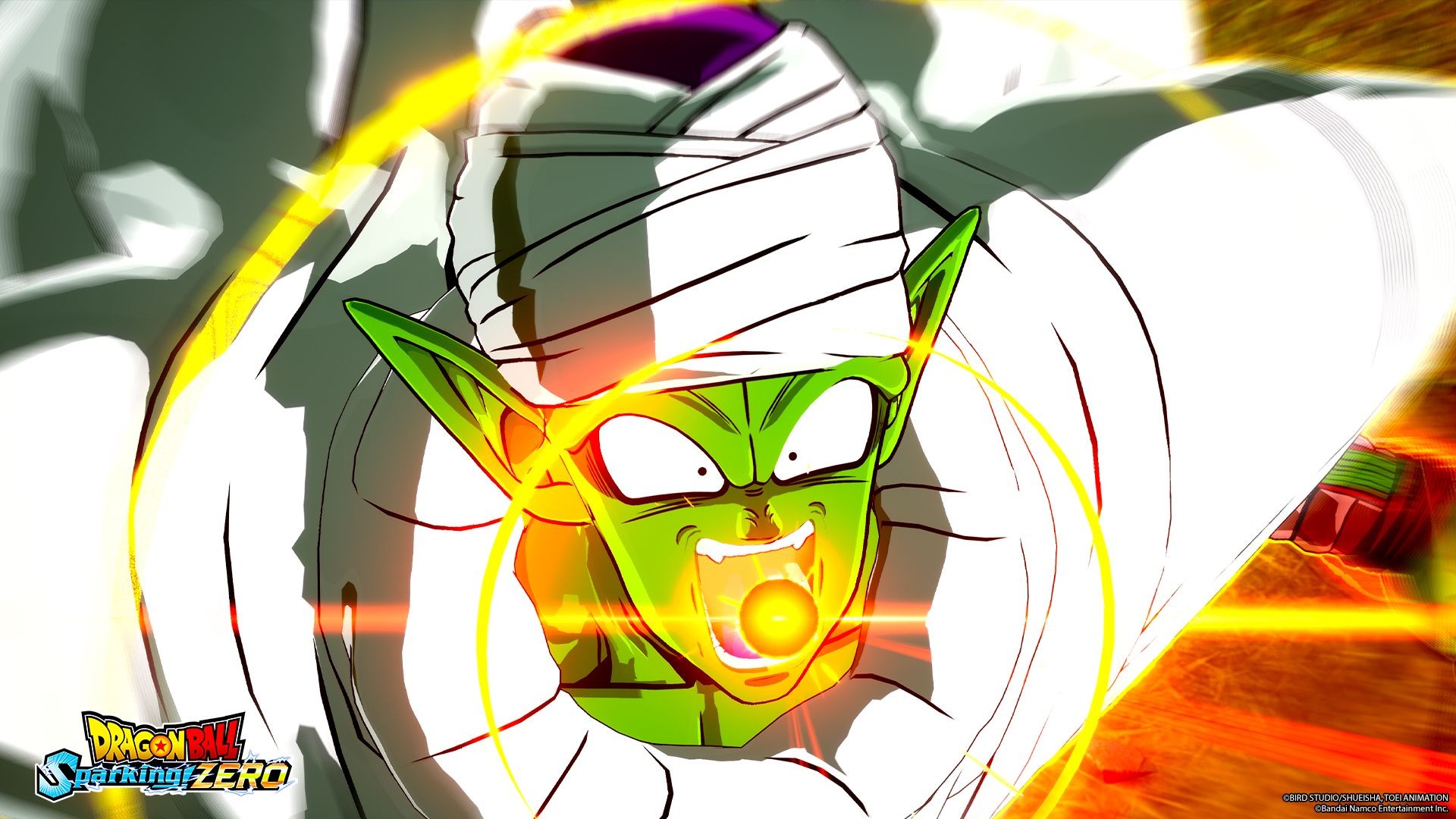Piccolo, turban et cape blancs, prépare une attaque d’énergie par la bouche