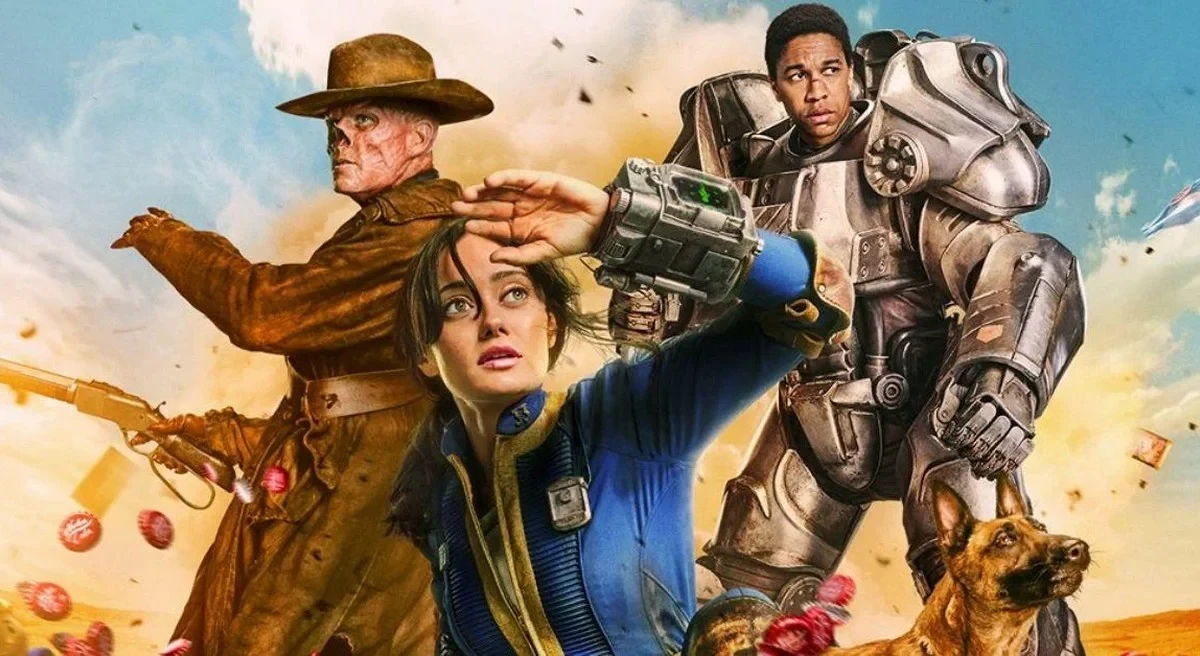 Affiche de la série Fallout&nbsp;: héroïne en combinaison bleue, cow-boy goule et soldat en armure
