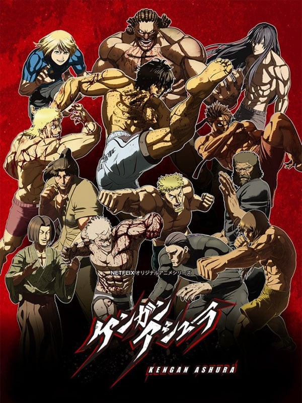 Affiche Netflix de Kengan Ashura réunissant ses combattants sur fond rouge