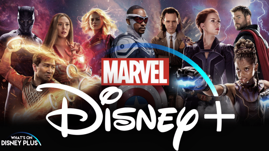 Héros Marvel, dont Black Panther, Loki et Thor, autour des logos Marvel et Disney+