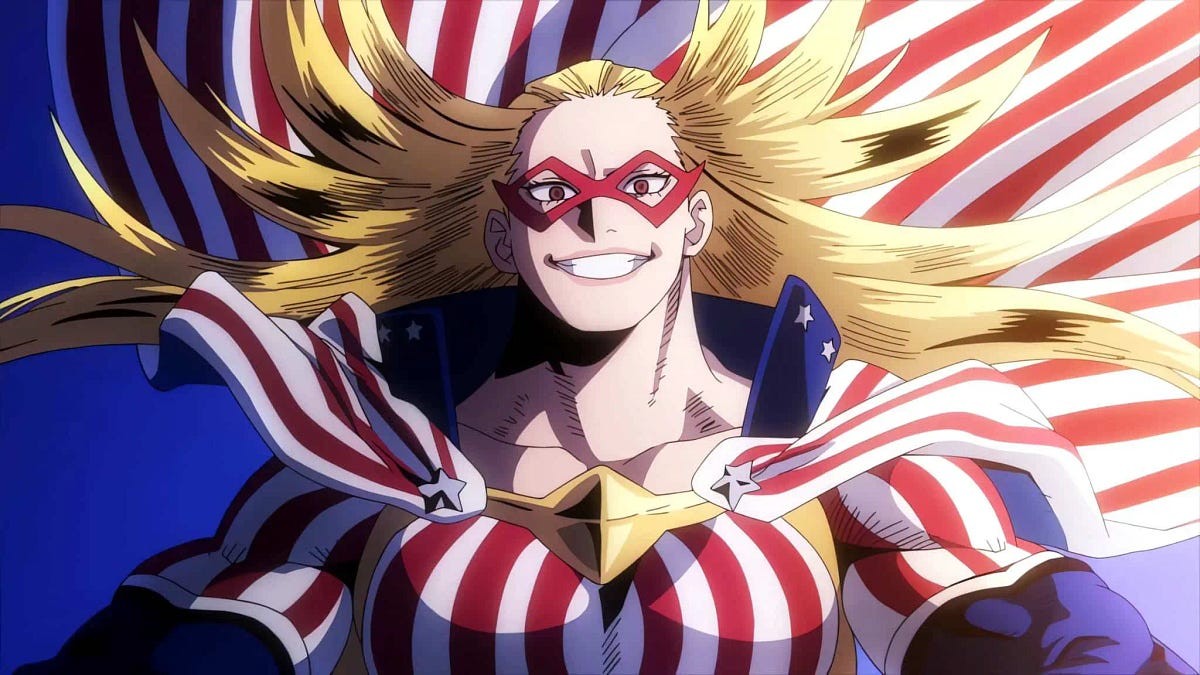 Capture de My Hero Academia saison 7&nbsp;: Star and Stripe sourit devant un drapeau américain