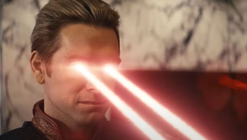 Le Homelander de la série The Boys, rayons lasers rouges jaillissant de ses yeux