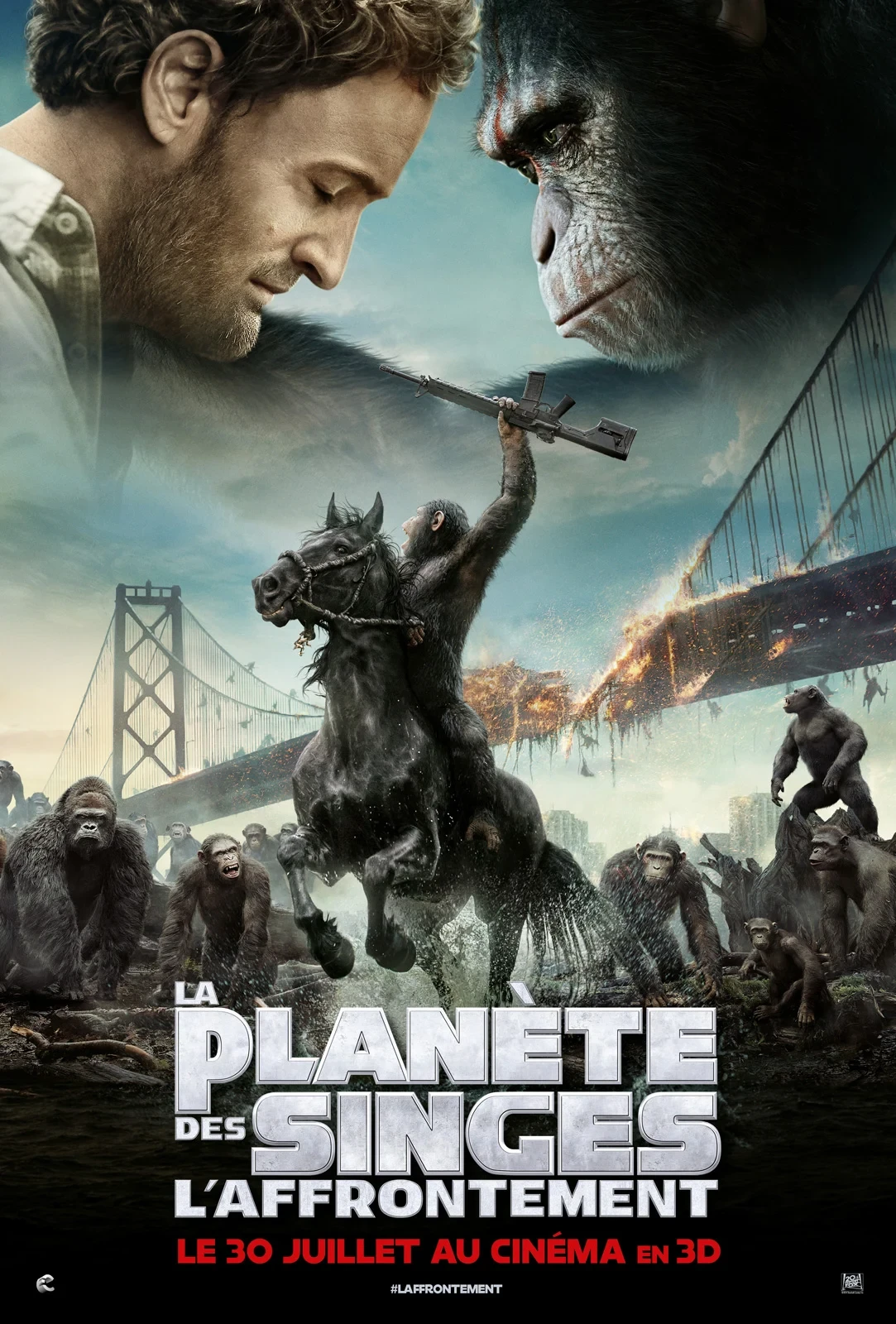 Affiche de La Planète des singes&nbsp;: L’Affrontement, un singe à cheval brandit un fusil