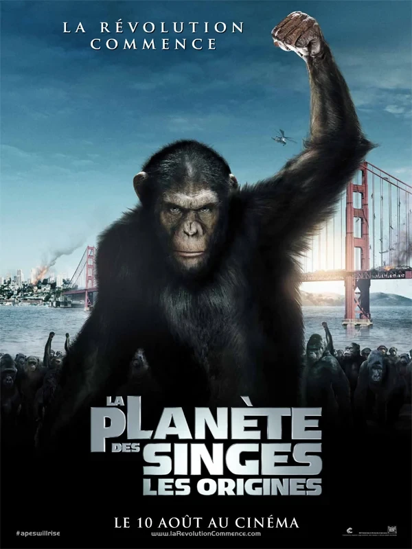 Affiche de La Planète des singes&nbsp;: Les Origines, César le poing levé devant le Golden Gate