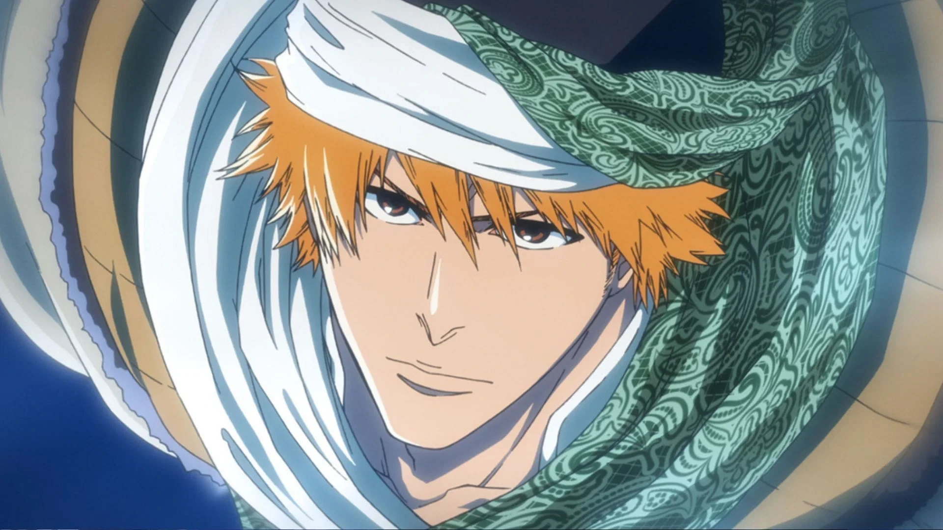 Ichigo Kurosaki, cheveux orange, entouré d’étoffes tourbillonnantes