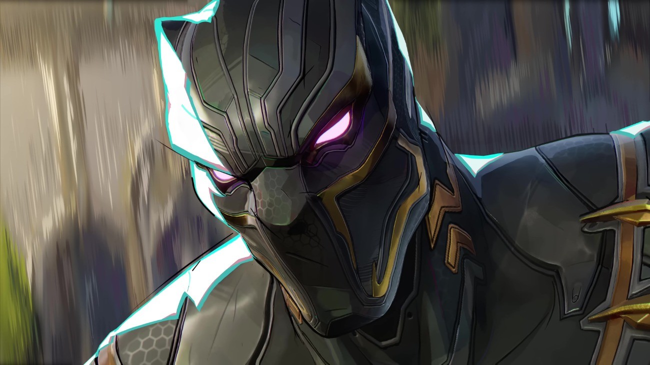 Gros plan de Black Panther, yeux violets lumineux, dans le style illustré de Marvel Rivals