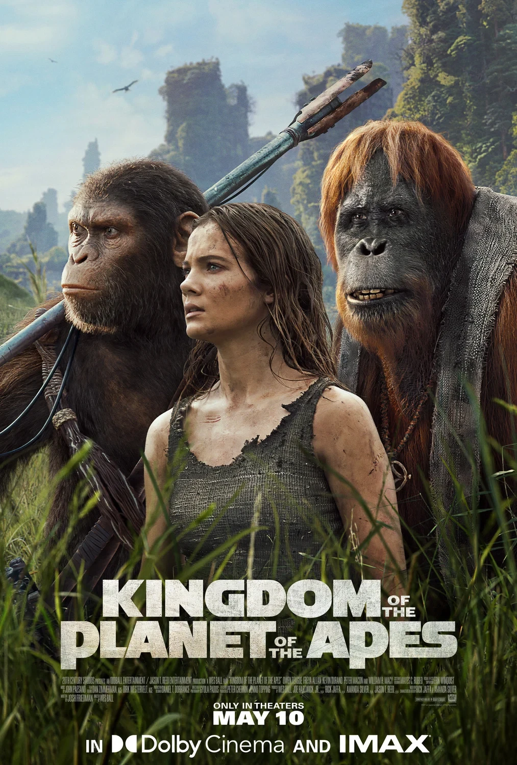 Affiche de Kingdom of the Planet of the Apes&nbsp;: Freya Allan entre un chimpanzé et un orang-outan
