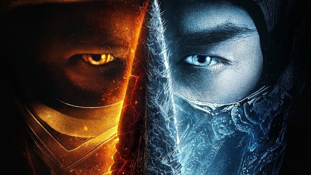 Affiche du film Mortal Kombat&nbsp;: visages masqués de Scorpion et Sub-Zero, mi-feu mi-glace