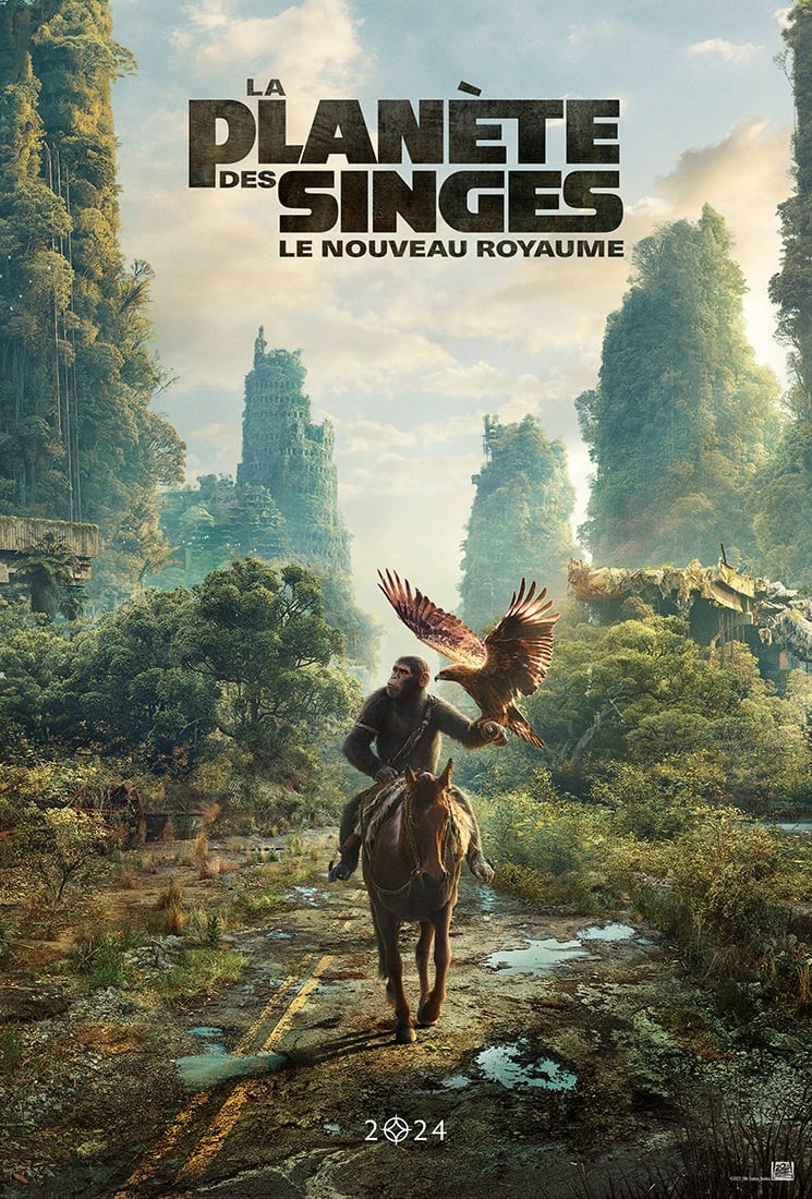 Affiche du Nouveau Royaume&nbsp;: un chimpanzé à cheval, un aigle au poing, dans une ville envahie par la forêt