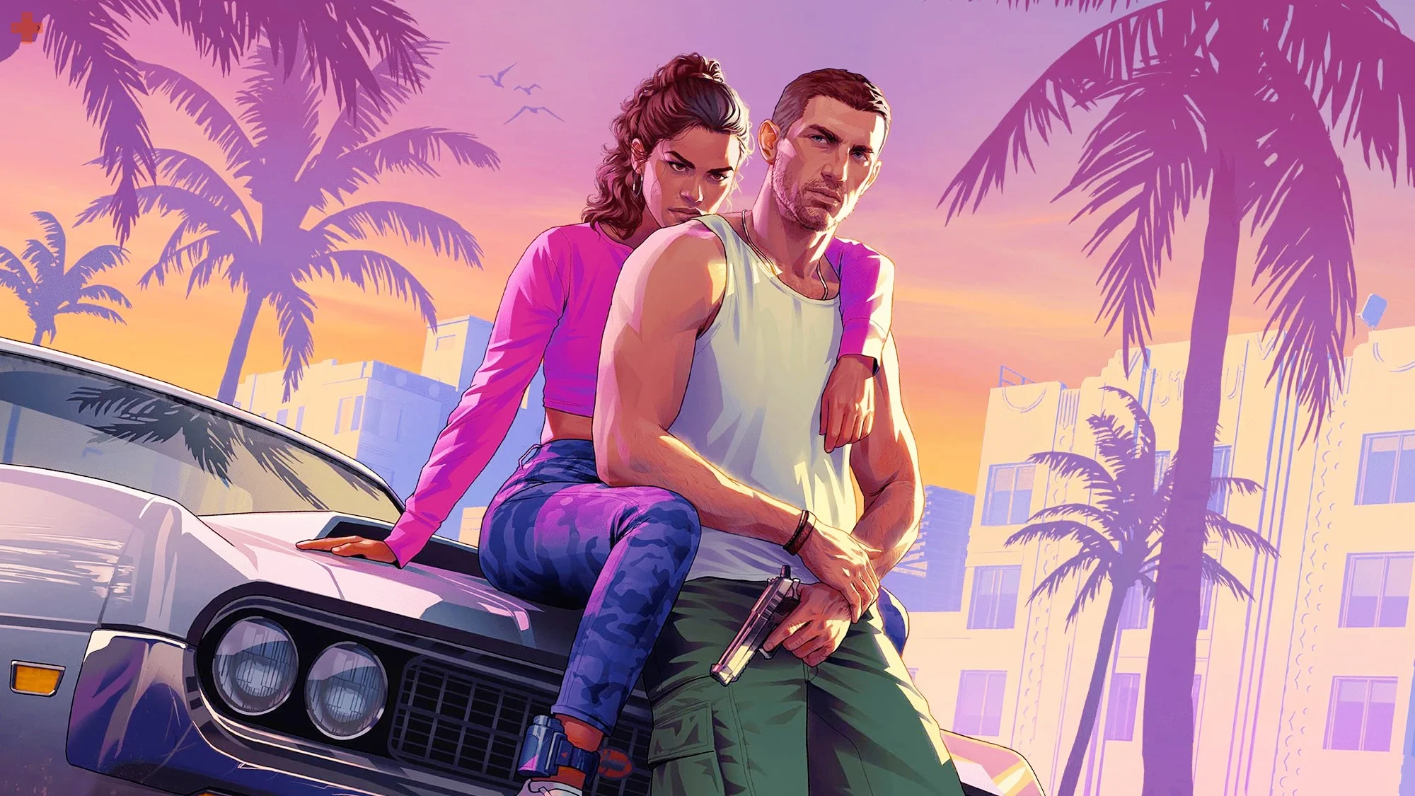 Lucia et Jason, héros de GTA VI, adossés au capot d’une voiture sous les palmiers de Vice City