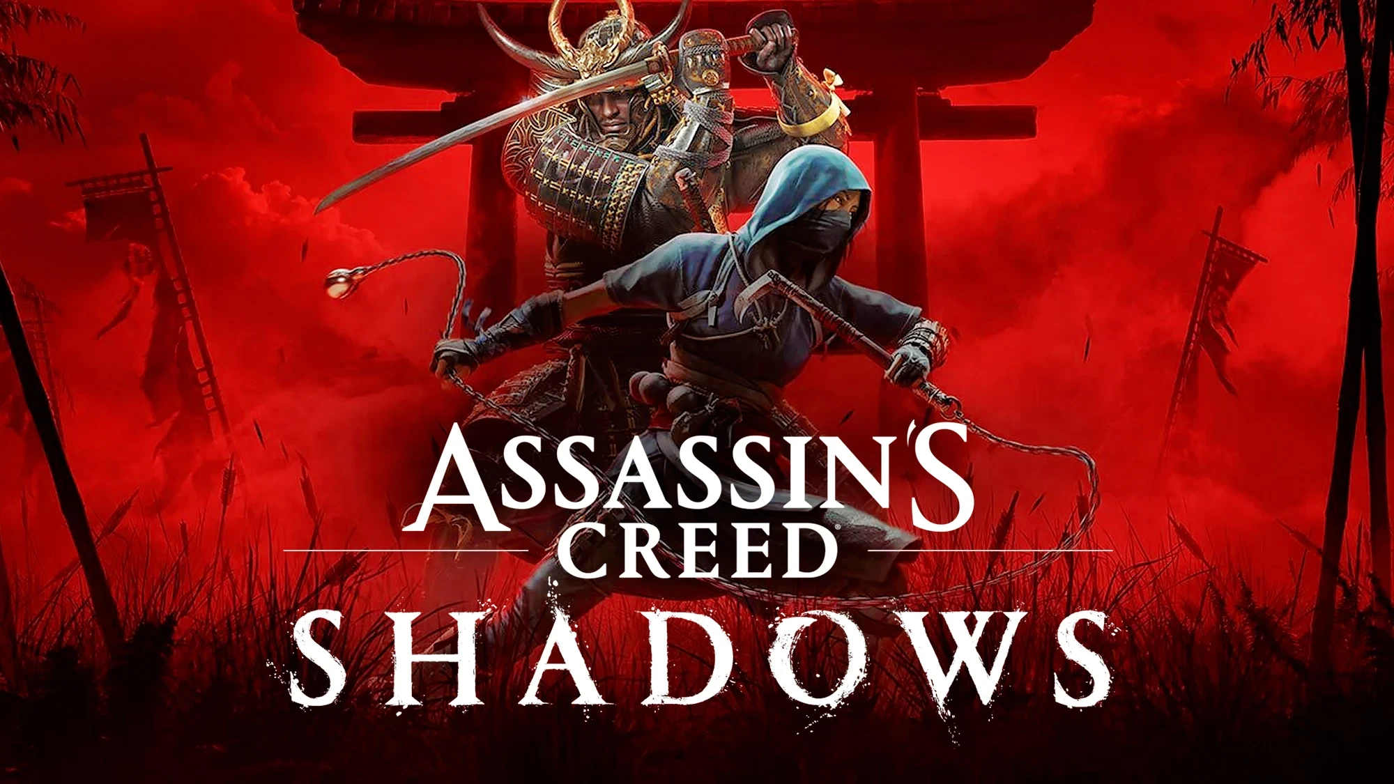 Affiche d’Assassin’s Creed Shadows : Yasuke et Naoe en garde devant un torii, sur fond rouge