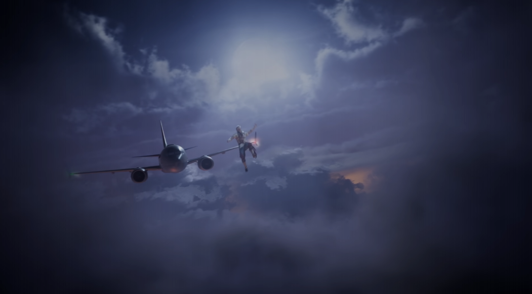 Un avion de ligne dans un ciel nuageux et une silhouette en vol, scène du teaser de Mortal Kombat 1