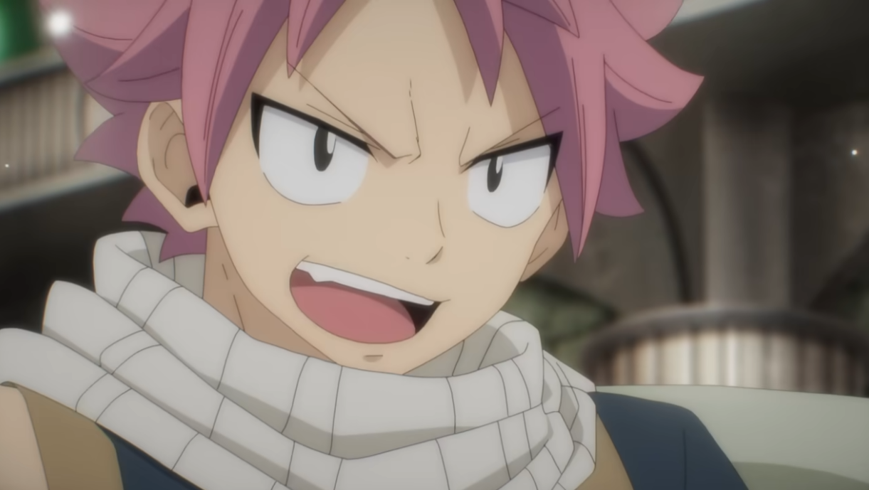 Capture de l’anime Fairy Tail&nbsp;: Natsu, cheveux roses et écharpe blanche, l’air déterminé