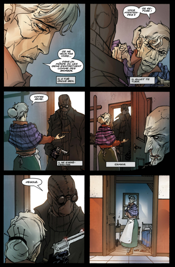 Planche du comic&nbsp;: la tante May demande son revolver à Spider-Man Noir, qui refuse
