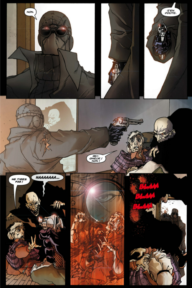 Planche du comic&nbsp;: Spider-Man Noir tire sur le Vautour qui menace la tante May