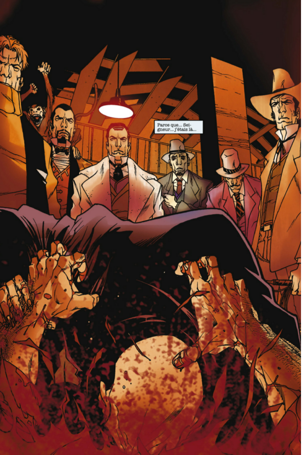 Planche du comic&nbsp;: des gangsters en costume entourent un homme battu au sol