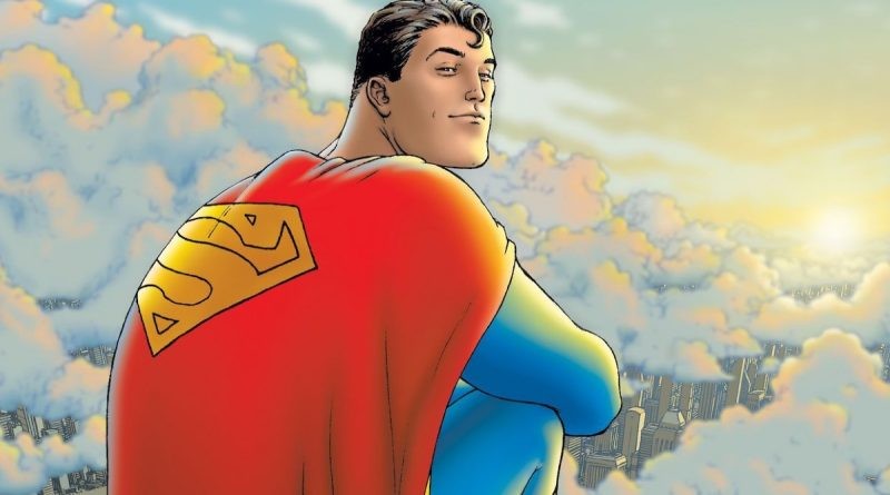 Superman en comics, assis au-dessus des nuages, se retourne avec un sourire