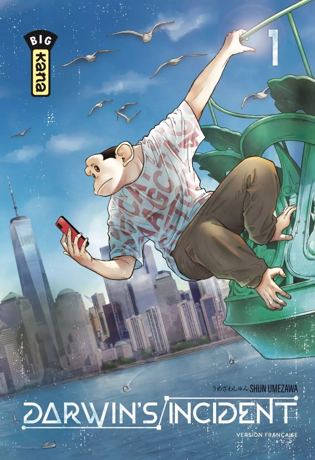 Couverture du tome 1 de Darwin’s Incident chez Kana&nbsp;: Charlie accroché à la torche de la statue de la Liberté