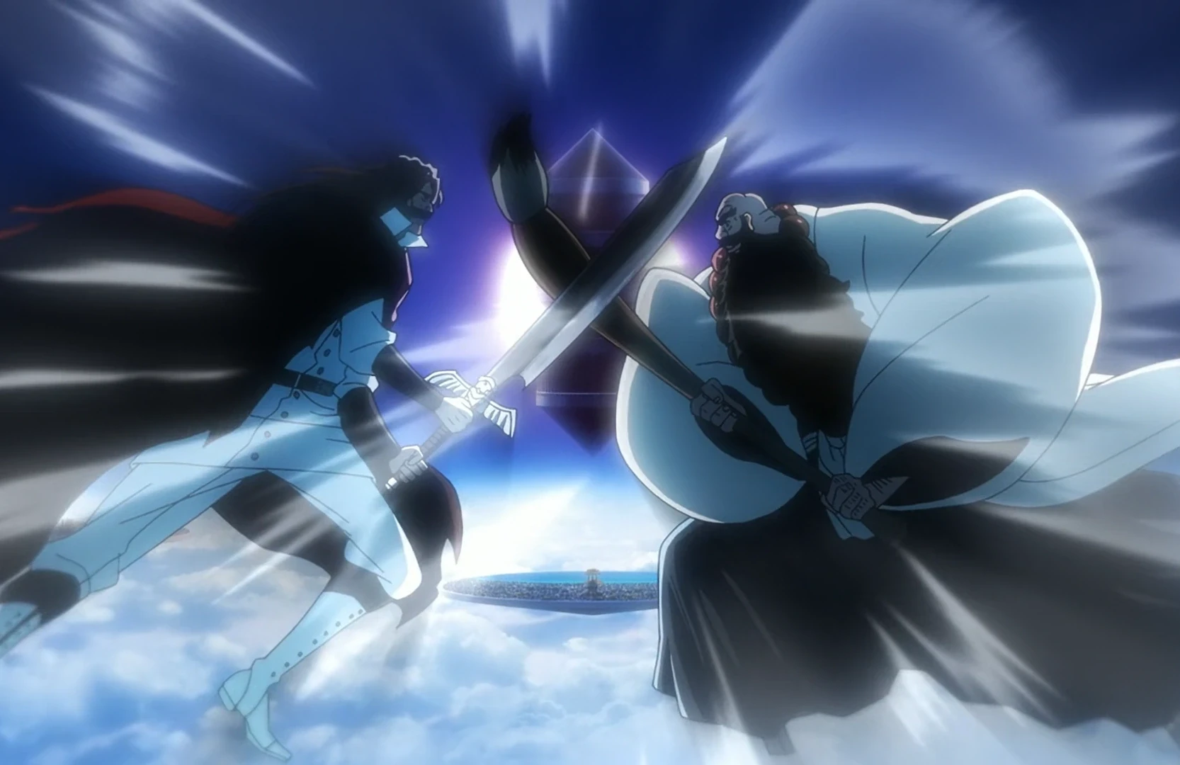 Hyôsube Ichibei et Ywach croisent le fer au-dessus des nuages